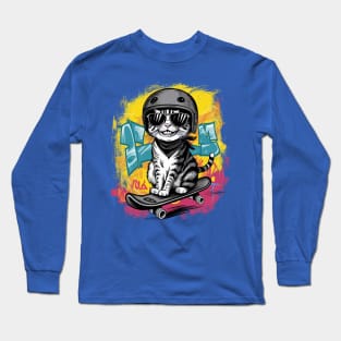 A unique and fun design featuring a stylish cat wearing a helmet and skateboarding. (2) Long Sleeve T-Shirt